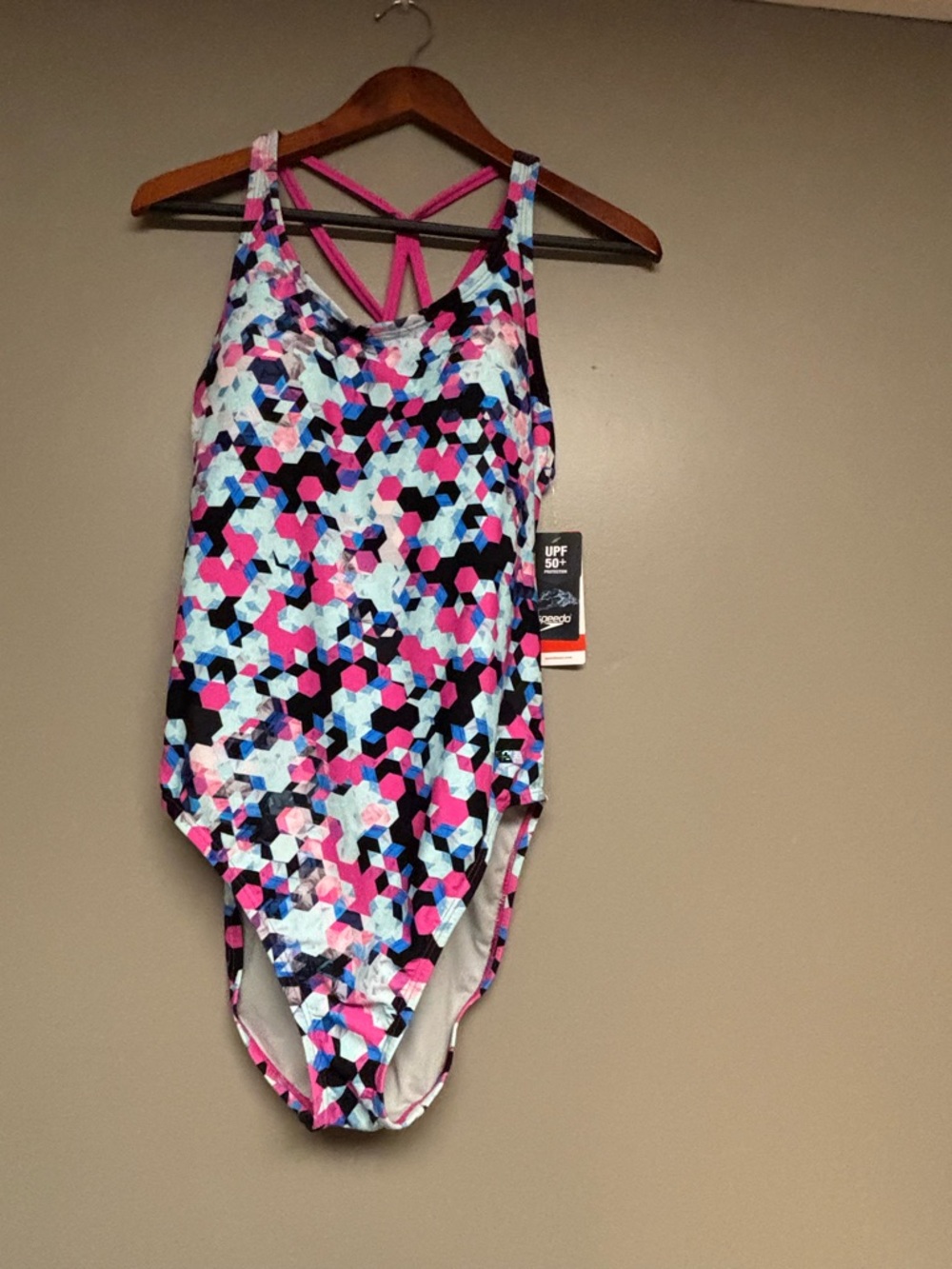 Speedo Colorful Geometric One-Piece Swimsuit - Pink, Black, Blue